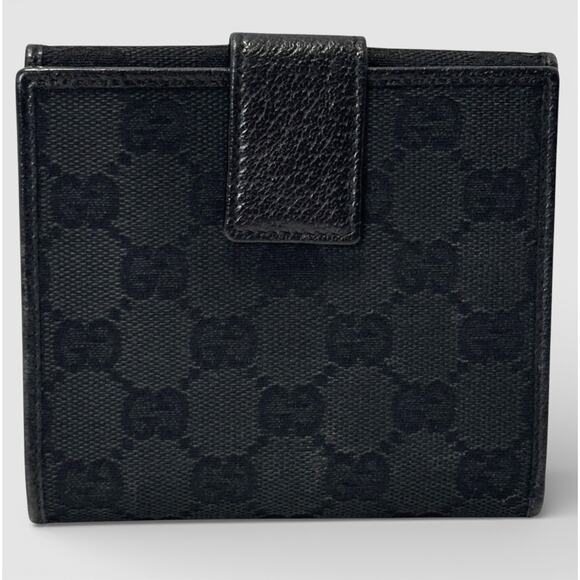 Gucci Vintage Y2K Black GG Canvas Wallet Double Bifold Coin Snap Gold Logo COA - Picture 2 of 15